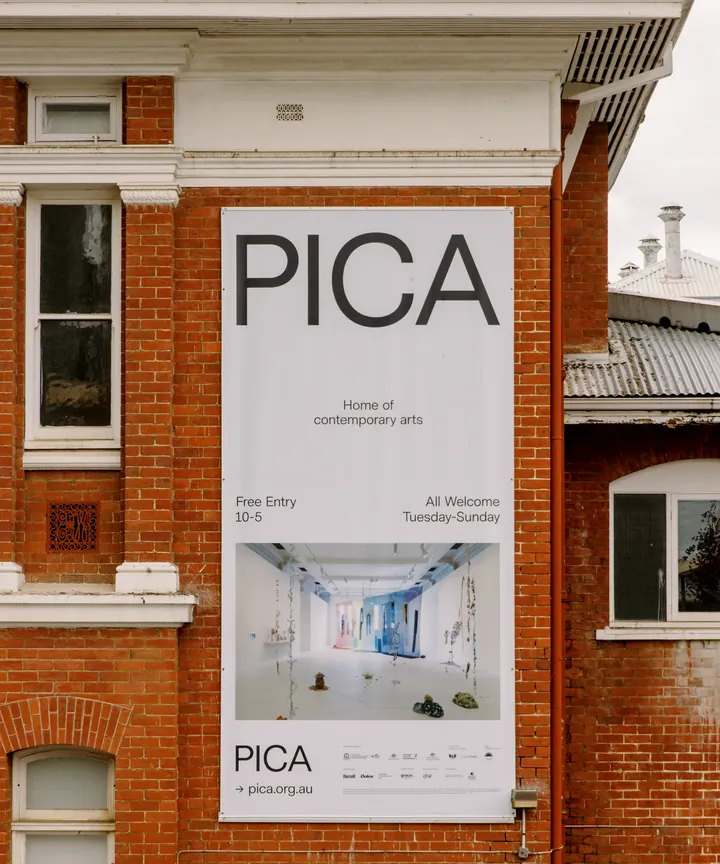 PICA’s white identity and programme banner on the heritage gallery building