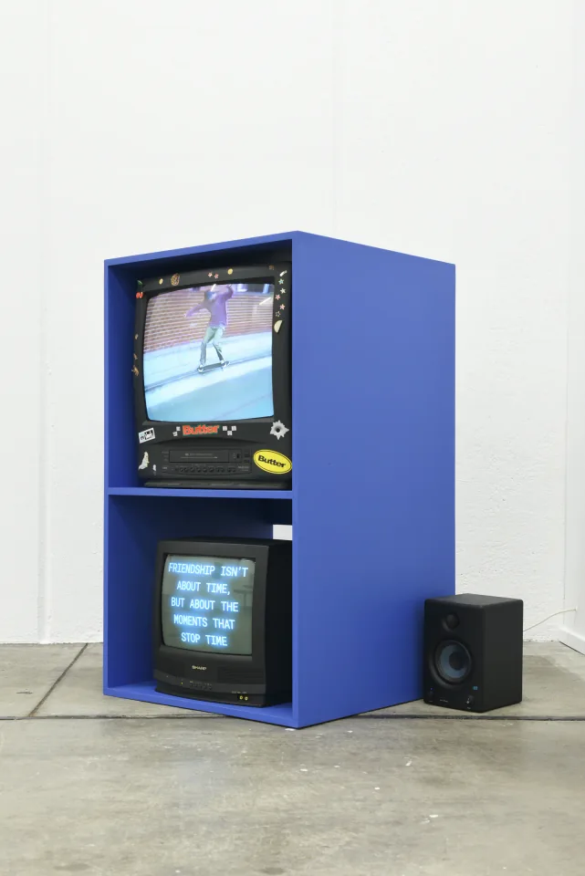 Blue Sports Dreams video cabinet with two CRT screens in the gallery