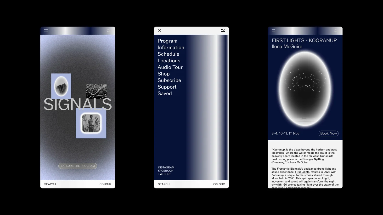 Signals mobile website in motion, showing the festival programme and event experience