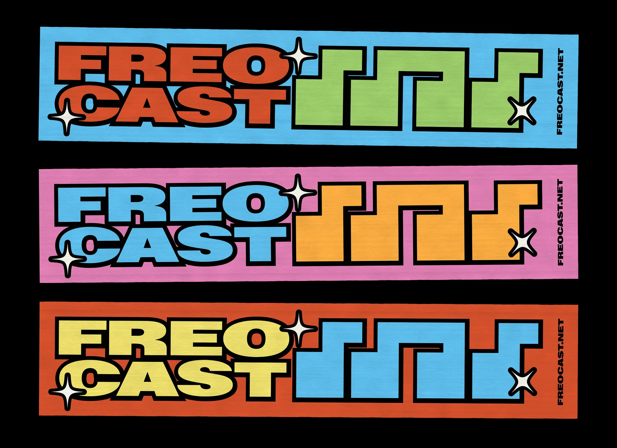 Three colourful FREOCAST bumper sticker designs with the station wordmark, port-crane symbol and freocast.net address