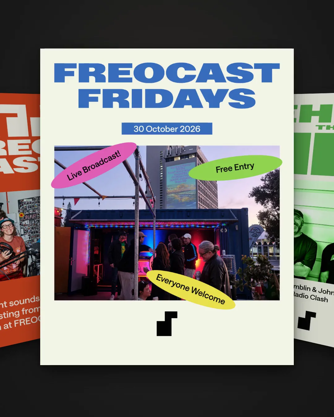 Animated FREOCAST social media designs for live broadcasts, radio shows and the community podcast studio