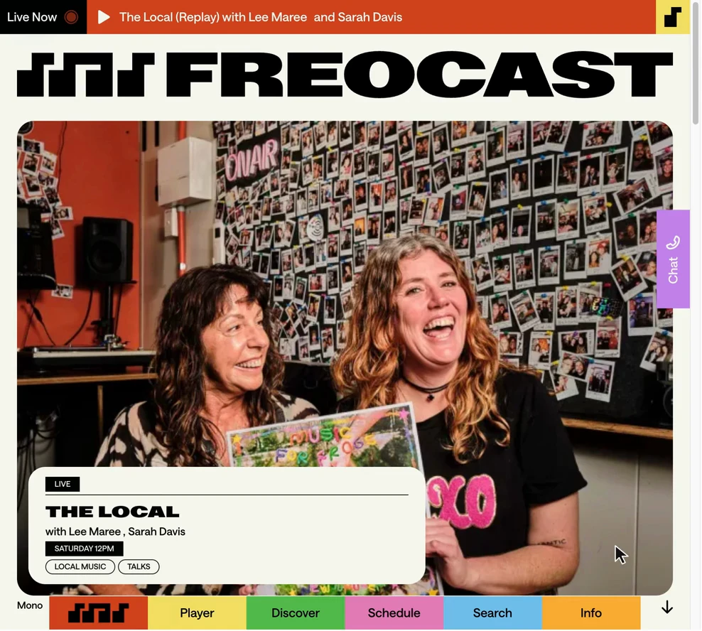 FREOCAST website walkthrough: the Locals homepage, Mono, Friday My Love search and tracklist, Discover video filtering, three Global Rhythms replay sections, About, Acknowledgment of Country, Schedule, Josh Grainger's resident Q&A and queued audio playback