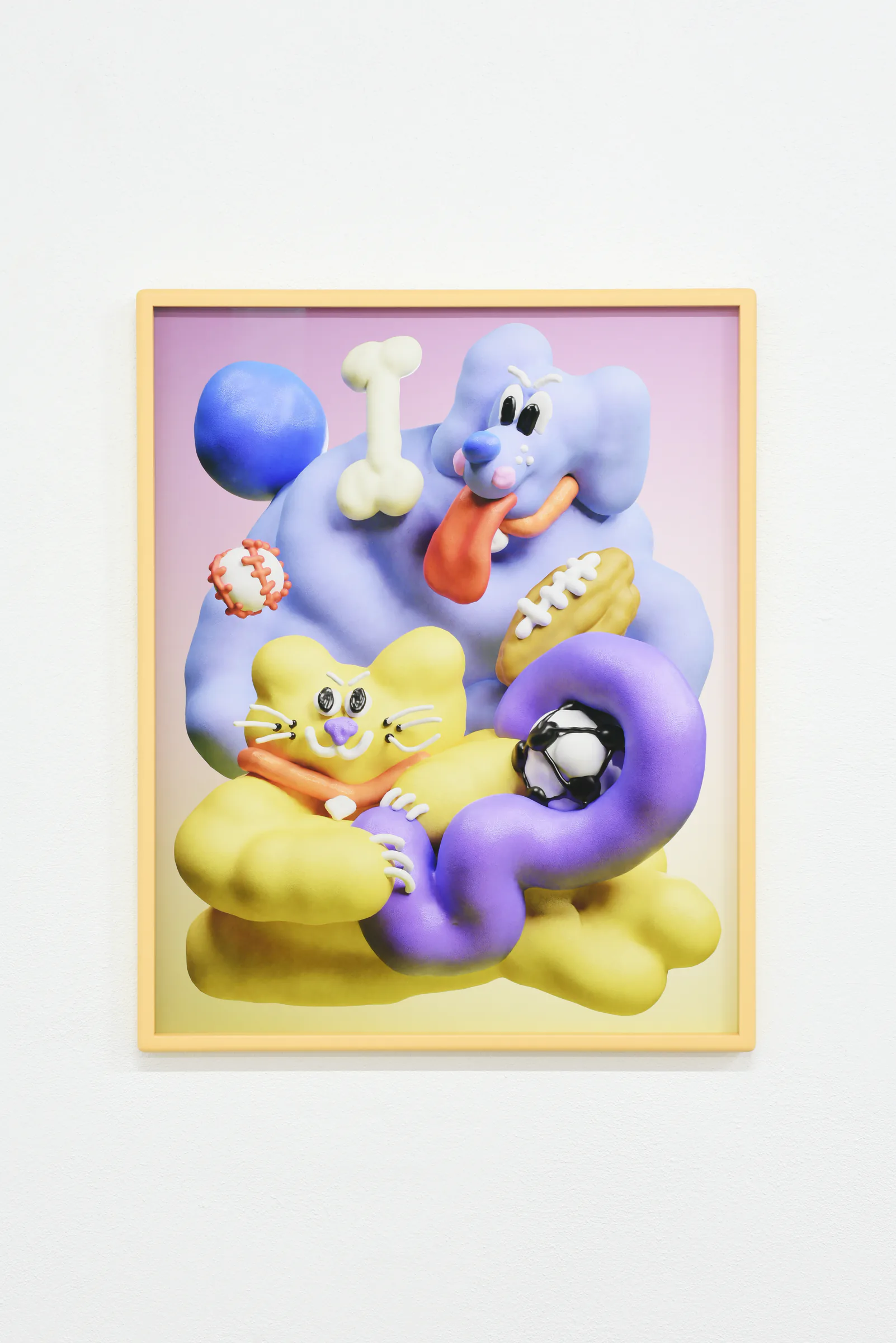 Framed print of colourful Sports Dreams characters in the exhibition