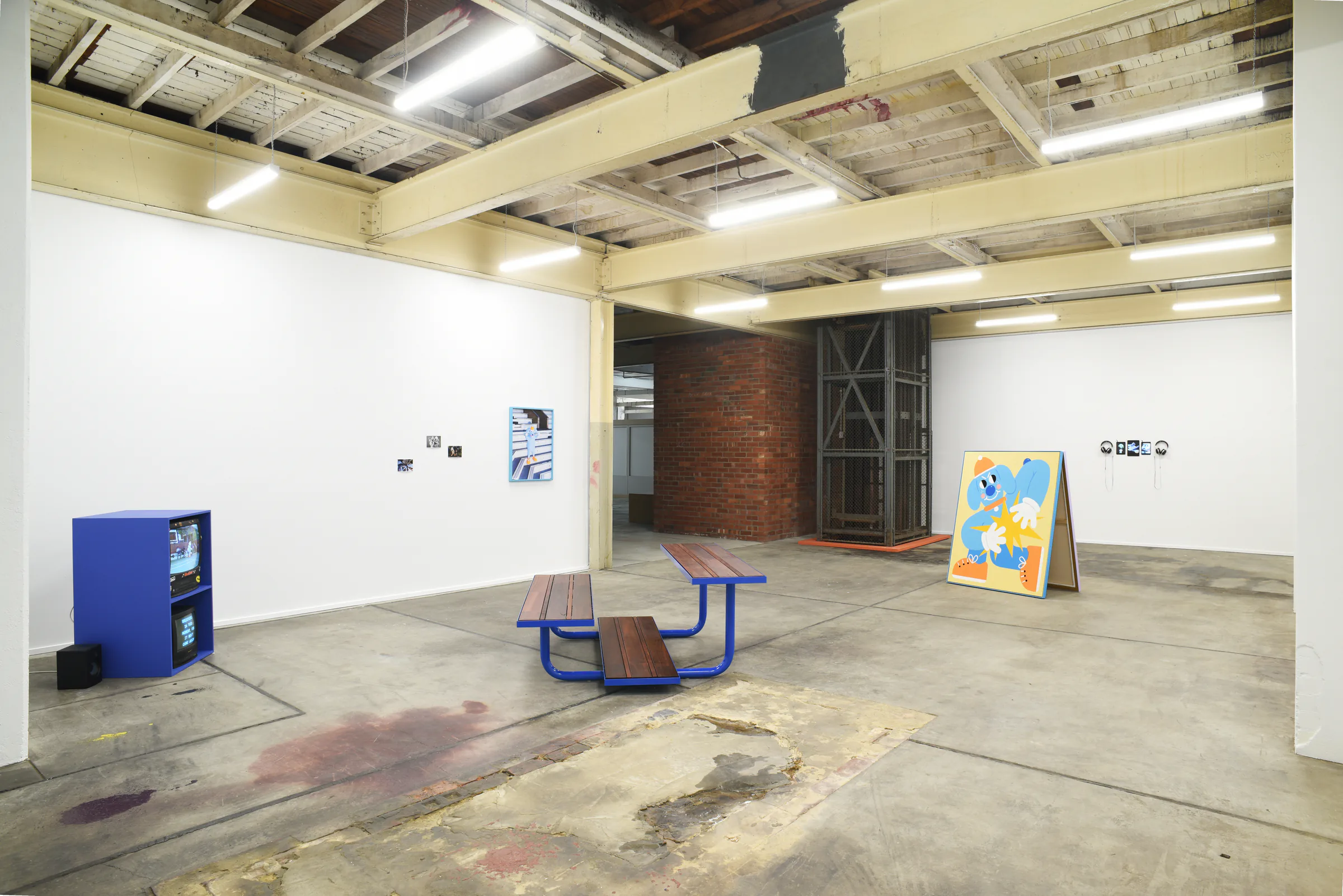 Sports Dreams at Cheap Tongue: paintings, photography, a blue picnic table and video cabinet