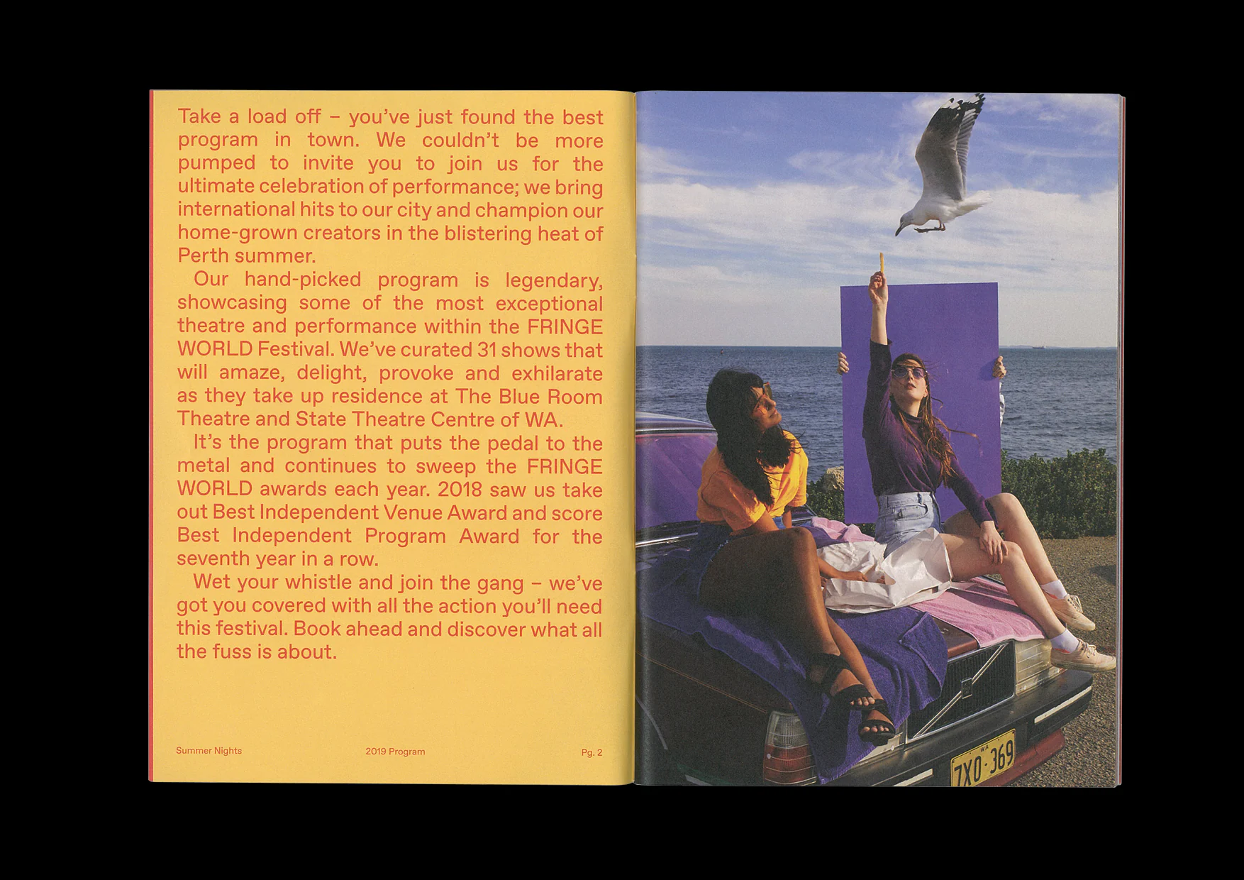 Summer Nights 2019 opening spread with yellow typography and campaign photography