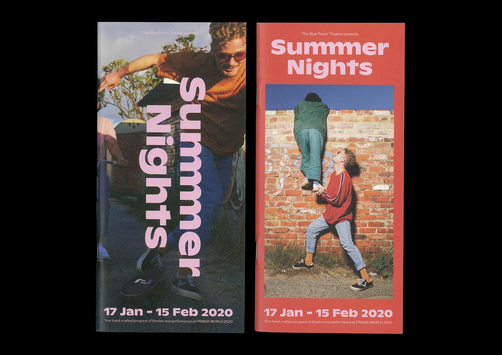 Summer Nights 2020 programme covers showing artists helping one another over a brick wall